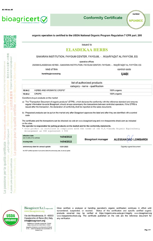 Organic USDA-NOP/COR Certificate